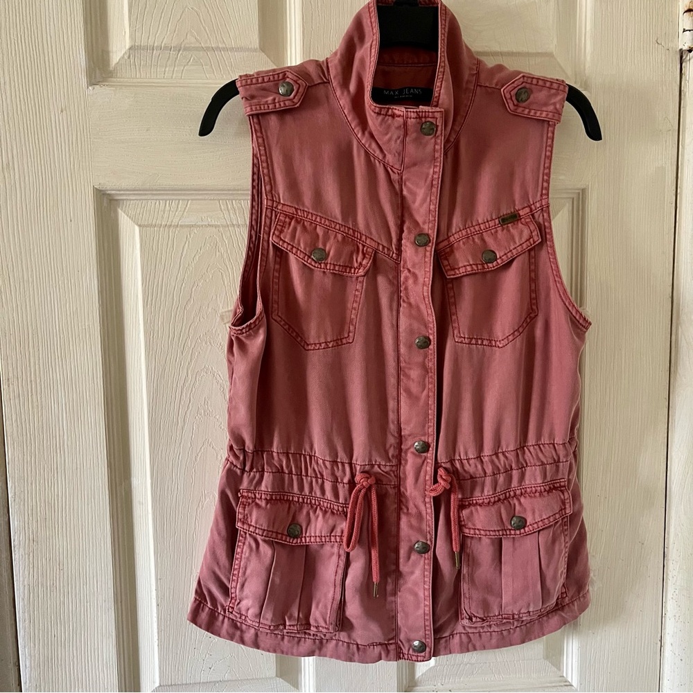 Max Jeans Military Utility Vest Drawstring 4 Front Pockets Dusty Rose Size Small - Picture 2 of 16
